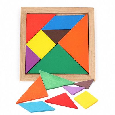 正方形11cm木のMontessoriの赤ん坊は7部分のジグソー パズルをもてあそぶ