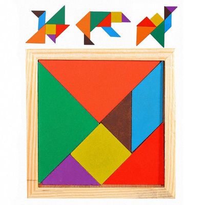 正方形11cm木のMontessoriの赤ん坊は7部分のジグソー パズルをもてあそぶ