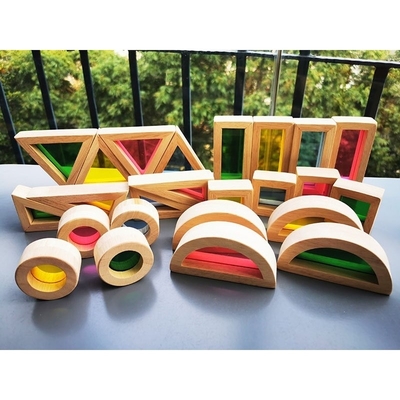 子供のMontessoriの木のおもちゃの感覚的な虹ミラーは教育Bulidingのアクリルのスタッカーを積み重ねる固体ゴム製木を妨げる