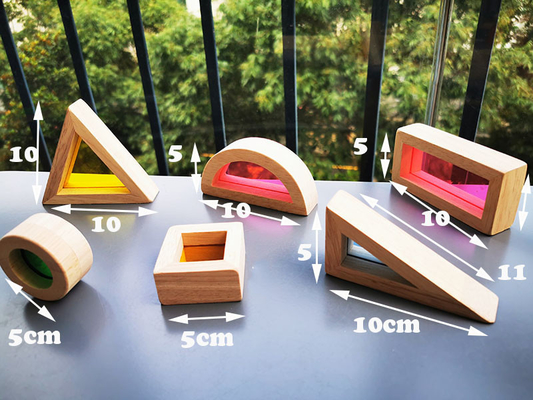 子供のMontessoriの木のおもちゃの感覚的な虹ミラーは教育Bulidingのアクリルのスタッカーを積み重ねる固体ゴム製木を妨げる